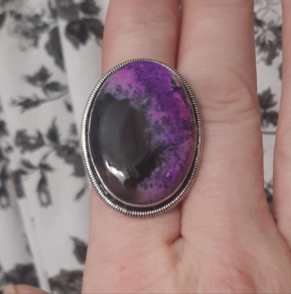 New Huge Dyed Dendritic Opal 925 Silver Ring.